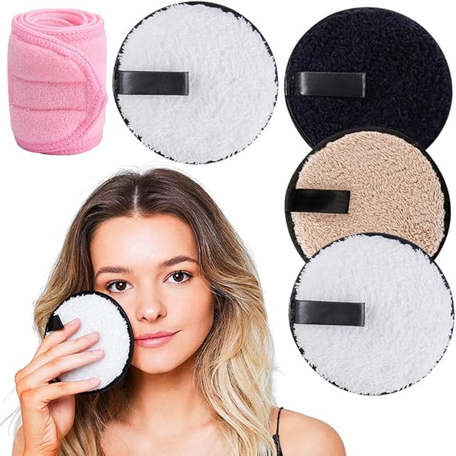 4 Pcs Face Halo Makeup Remover Pads with Spa Facial Towel Headbands, XCOZU Reusable Make Up Pads/Wipes, Washable Makeup Remover Pads Microfibre Cotton Face Cleansing Cloths for All Skin Type