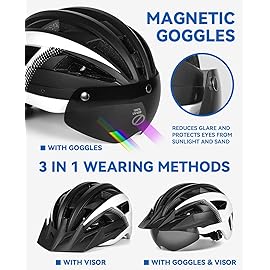 FUNWICT Adult Bike Helmet with Visor and Goggles for Men Women Mountain Road Bicycle Helmet Rechargeable Rear Light Cycling Helmet (XL: 59-63 cm (23.2-24.8 inches), Black White)