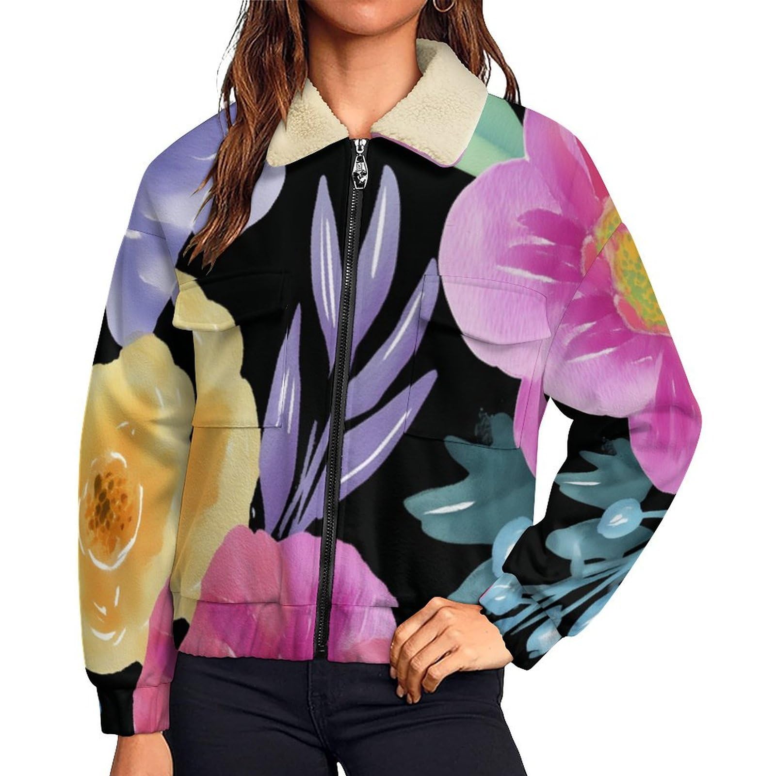 Felpa Donna Pile Invernale Caldo con Cerniera, Giacca da Camera Invernale Corta Pile Giacche, Fiore di peonia Cappotto In Peluche Sherpa Giubbotto Fleece Comoda