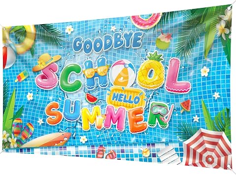 Goodbye School Hello Summer Backdrop Banner, Large Size 78 x 43 Inch Summer Banner Background Banners Tropical Poo arty Decorations Supplies for Decorations Celebration