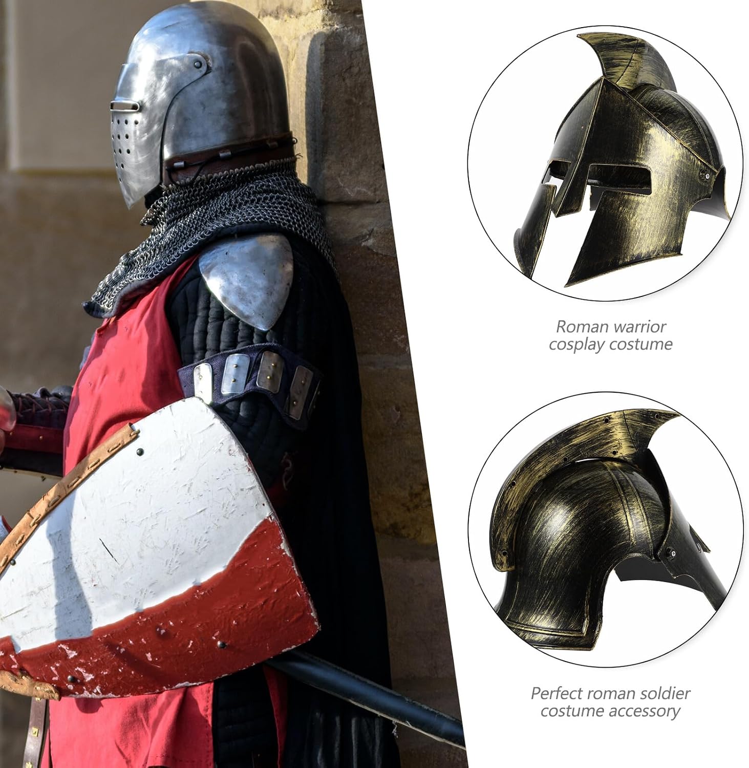 Holibanna Men’s Roman Warrior Helmet Costume Accessory, Gold Plastic Ancient Soldier Helmet for Cosplay and Halloween, Ancient Roman Headwear for Adult Men
