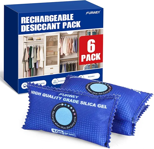 FURWEY 100g [ 6 Packs] Rechargeable Desiccant Packs for Storage, Color Indicating Silica Gel Desiccant Packets, Moisture absorbers for storage, Dehumidifier bag for Closets