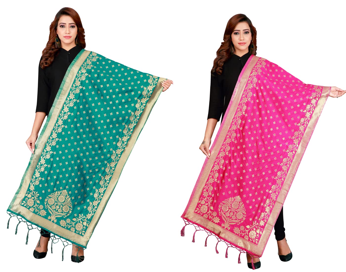 Magicthreads Womens Banarasi Silk Golden Weaving Dupatta/Chunni With Tassel(Pack Of-2)(NVB-RM), Rama And Rani, Free Size