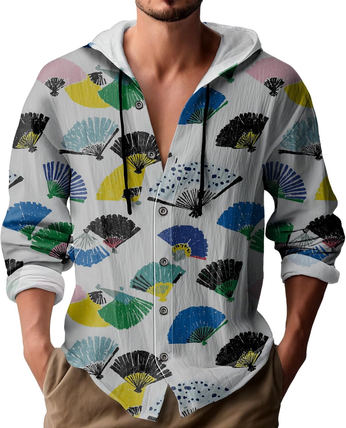 MARSVOVO Men's Hoodie Drawstring Hooded Button Down Beach Tops Casual Hawaiian Lightweight Comfy Loose Fit Sweatshirts