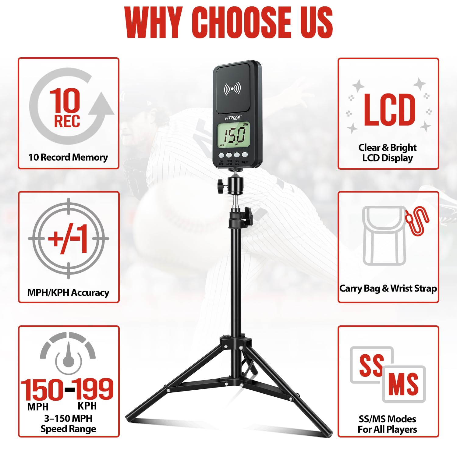 Pistola radar da baseball girevole con treppiede, display LCD trasparente, pistola radar per misurare il pitching/swing, sensori di velocità portatili o a mani libere, attrezzatura da allenamento per
