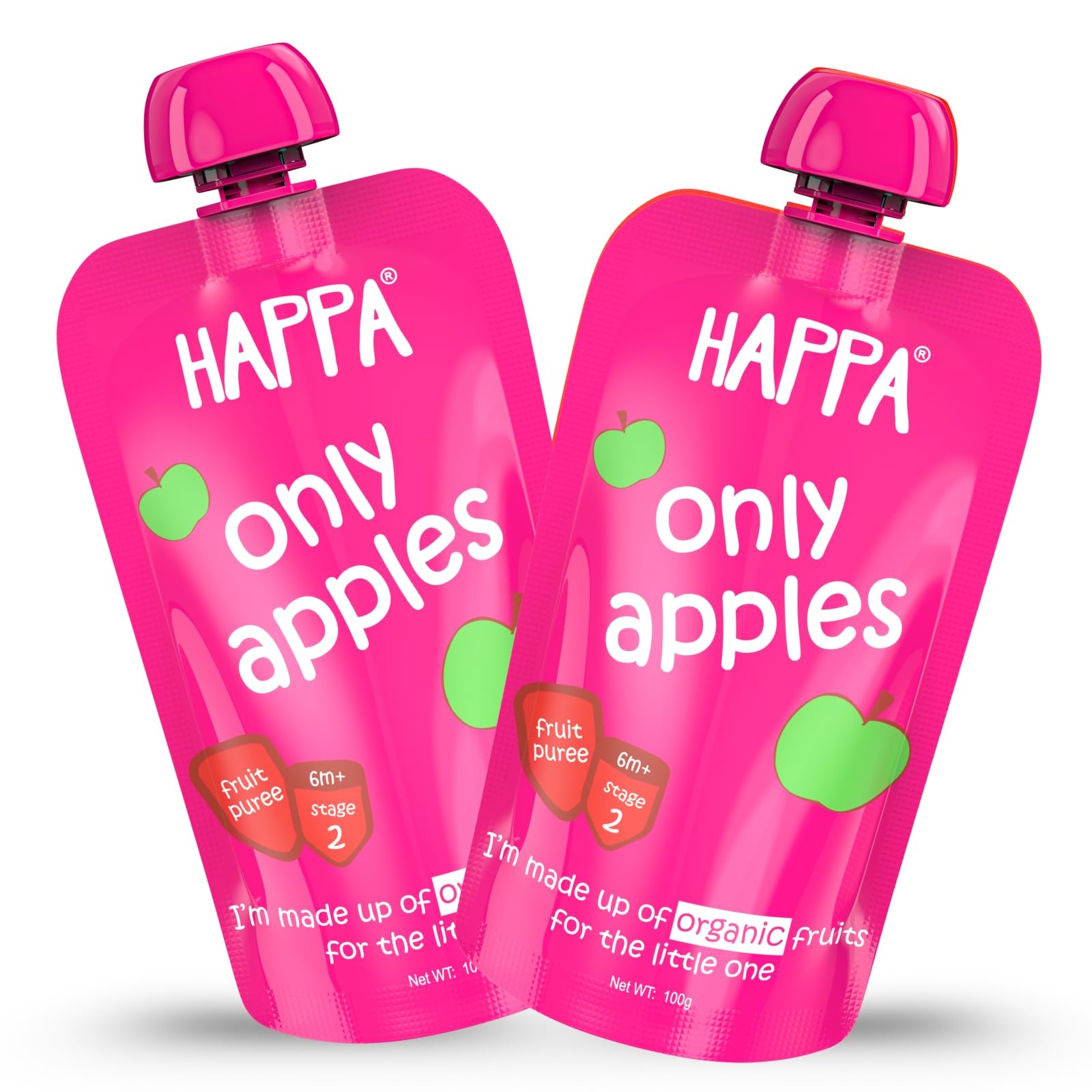 Happa Organic Baby Food for Little One Fruit Puree (Pack of 1, Only Apple) Stage 2, 1 Pouch, 100 Gram Pack