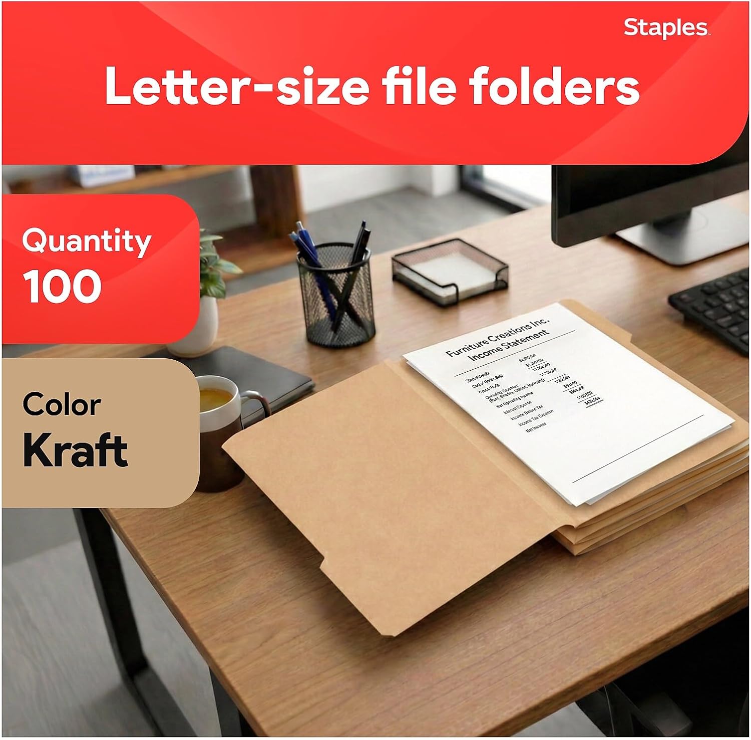 Staples Colored File Folders, Letter Size, 3-Tab, Kraft, 100/Pack image 2