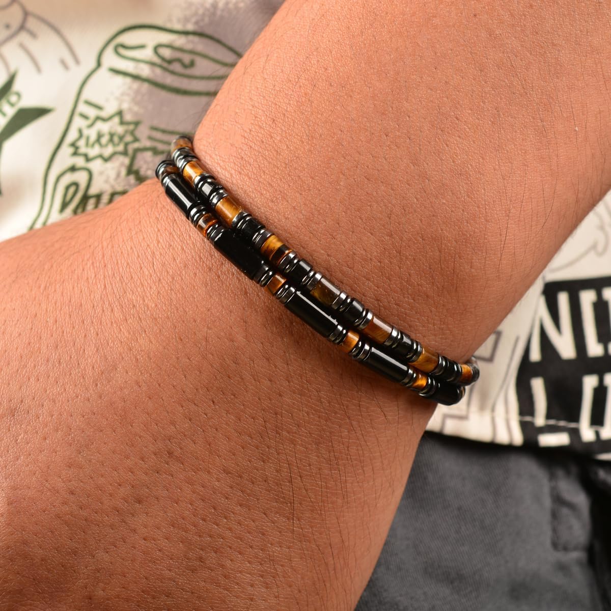 Men's Black Onyx Hematite Tiger Eye Chakra Beaded Gemstone Bracelet, Handmade Adjustable Dual Clasp 6.89-8.8 Inches, Comfort Fit Everyday Wear, Ideal Gift for Him