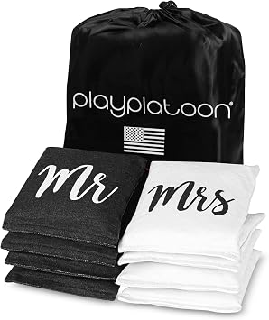 Play Platoon Weather Resistant Cornhole Bags - Set of 8 Regulation Corn Hole Bean Bags - Mr & Mrs Wedding Theme - Durable Duck Cloth Corn Hole Bag for Tossing Game, Includes Tote Bag