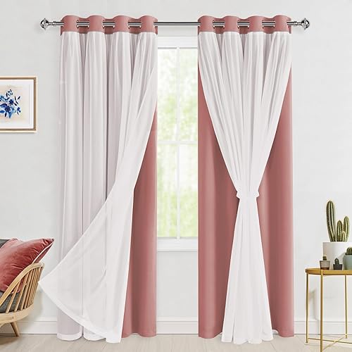 Miniatura 10 de Hiasan Cortinas opacas de doble capa con superposición transparente, mezcla y combina con aislamiento térmico y ojales, cortinas de oscurecimiento