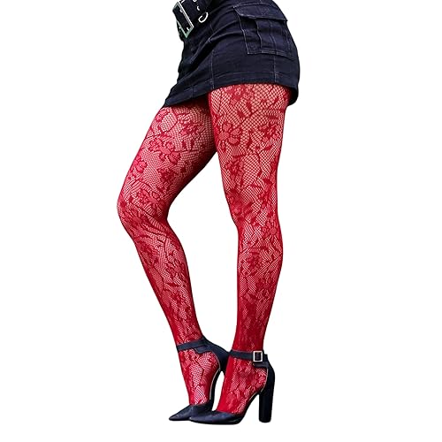 Millennials In Motion Fishnet Patterned Tights - One Size - Red Floral