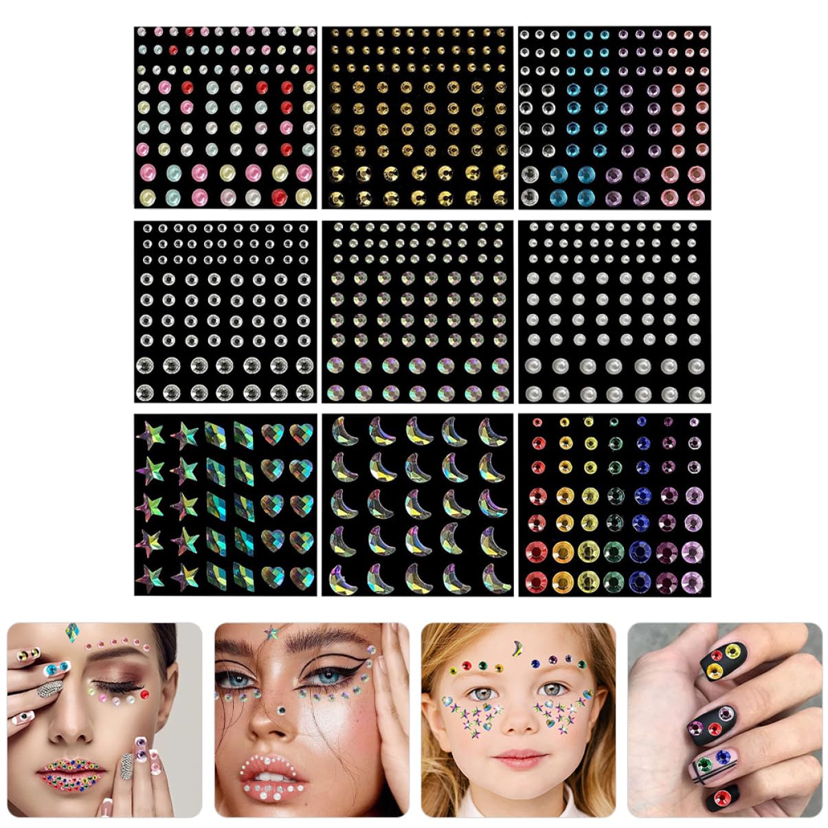 Healeved 4 Set Adesivo Con Gemme Per Il Viso Catena Liquido Gioielli Per Il Viso Adesivi Per Decorazioni Facciali Ciondoli Scintillanti Evidenziatore Tavolozza Festival Acrilico 9 Fogli*4