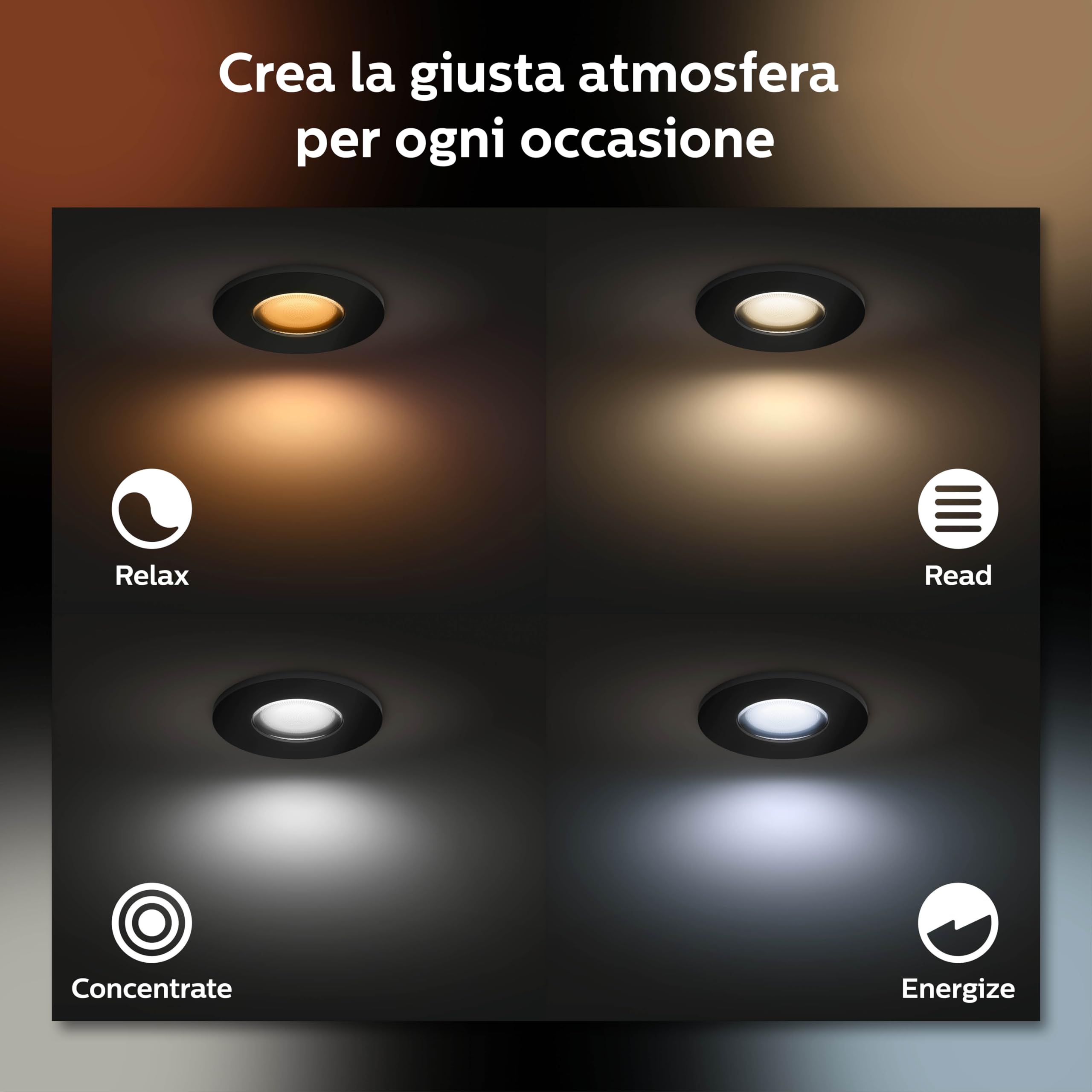 Philips Hue Xamento, Faretti da incasso LED smart, Confezione da 3, Nero | Luce bianca e colorata, Dimmerabile, 16 milioni di colori, Smart Home, Controllo vocale e via app, Per bagno, GU10