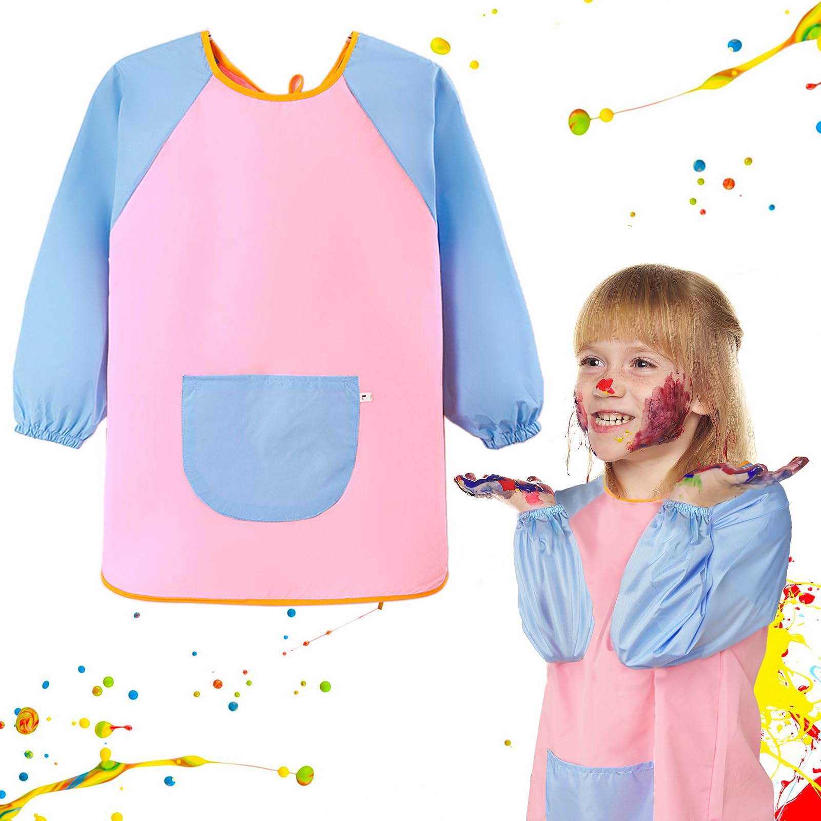 GEBETTER Babi Escolar Infantil, Bata Escolar Niño Niña, Delantal Pintura Guardería Colegio Escuela, Impermeable Manga Larga Bolsillo Tira Espalda, de 7 a 11 Años