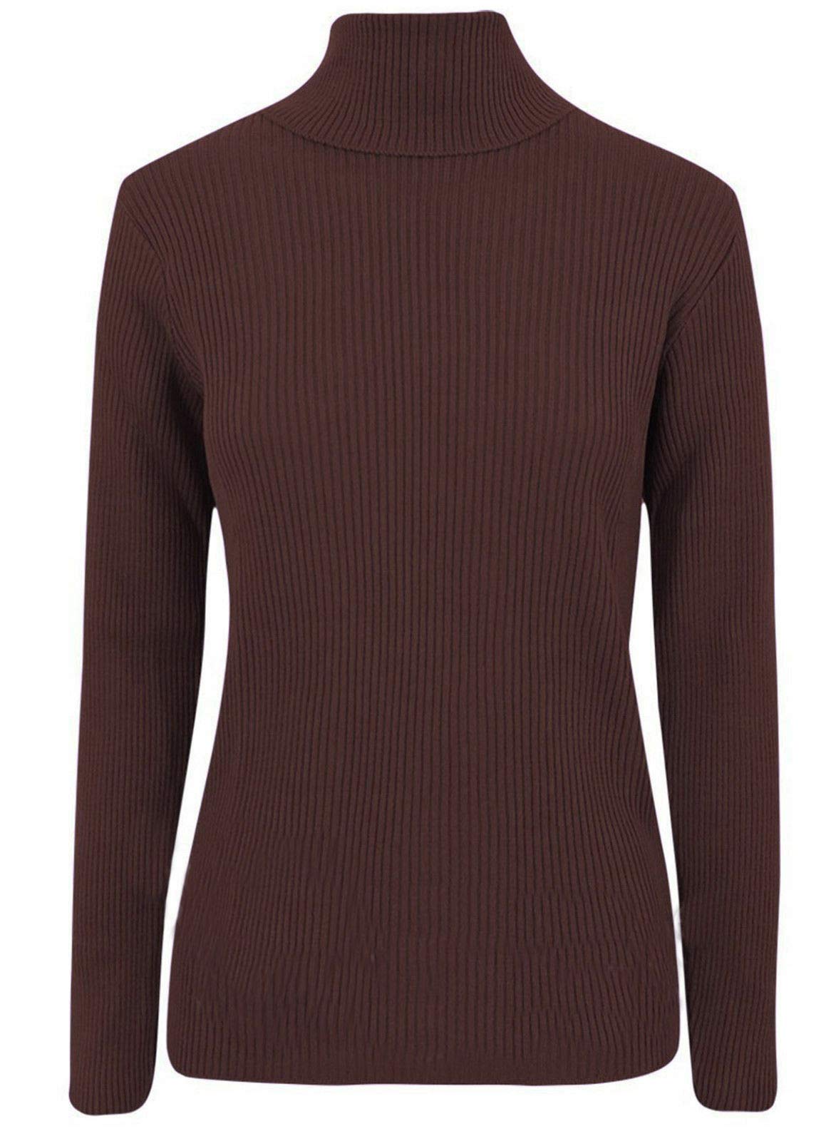ER Direct Ladies Ribbed Stretch Polo Neck Top Womens Jumper Turtle Neck Long Sleeve Soft Knit 8-14 (Brown, 8-10)