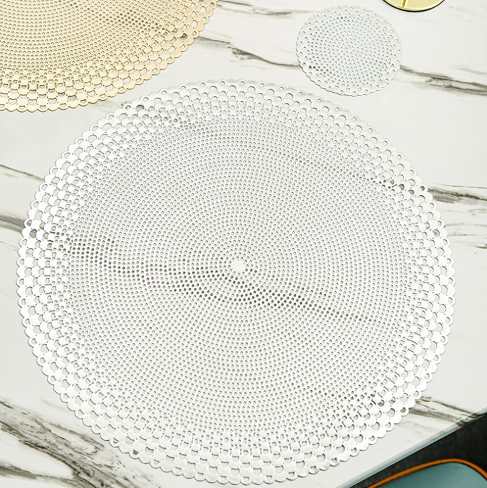 Hula Silver Round Gold Placemats, 6 Pack Decorative Pvc Place Mats, Hollow Table Mats Washable For Dining Table (Silver)