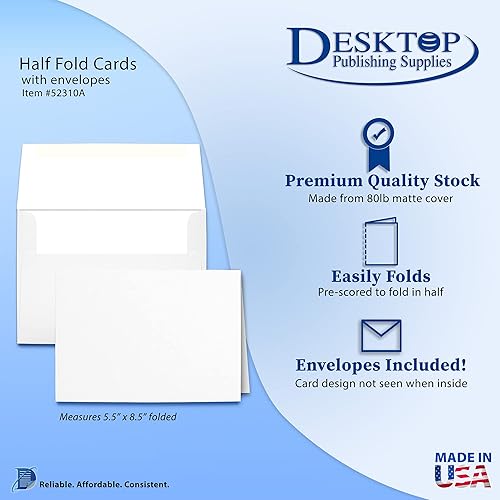 Miniatura 2 de 80lb White Half Fold Greeting Cards & Envelopes - Paper Measures (11" X 8 12") and Half Folds to (5 12" X 8 12") - 40 Cards with Envelopes - Desktop