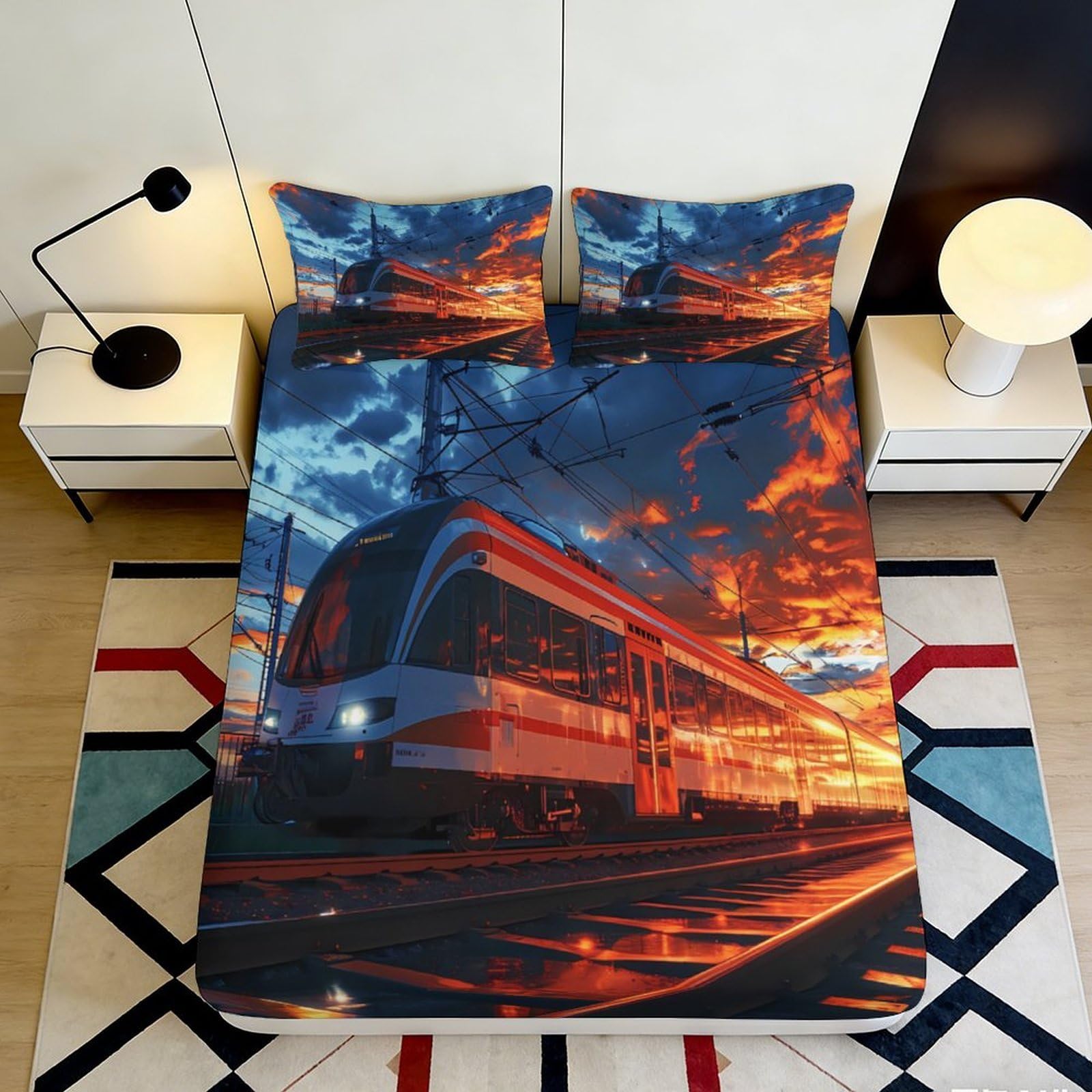 3D Printed Sunset Train Fitted Sheet Microfiber Soft Breathable Evening Sky Bed Cover for Bedroom Dormitory Guest Room Mattress Protection Decor 140x200x25cm