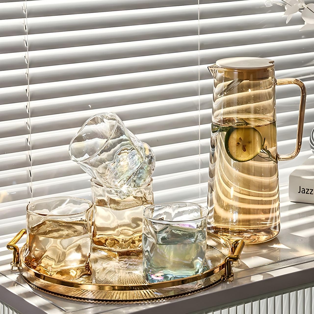 bellemax Italian Premium Water and Juice Glasses Set of 6 and Jug Set Combo,(6 Pieces Glasses 300ML and 1 Water Juice Jug 1.6 Liter), Transparent, Glass and Jug Set (Ovel)