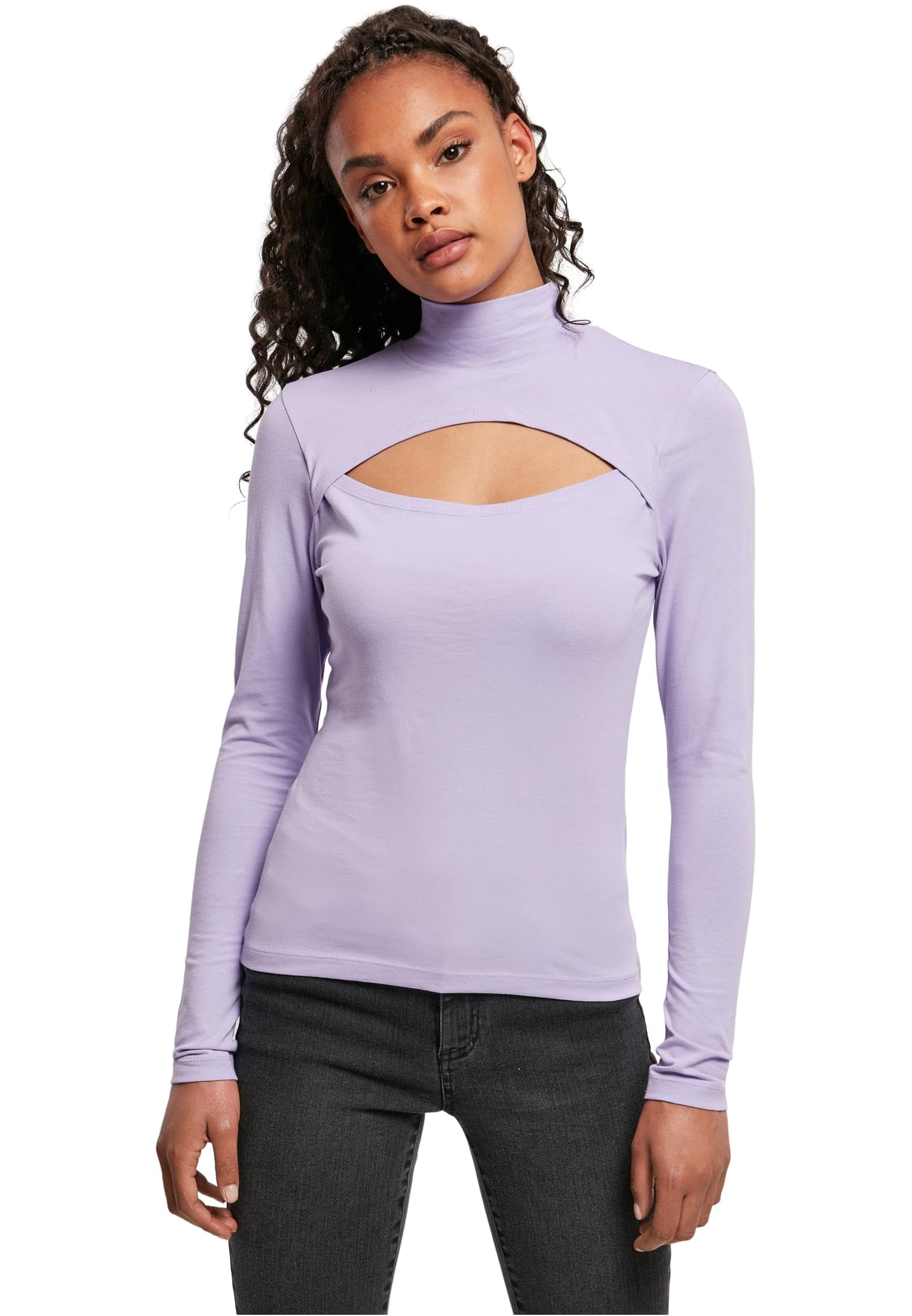 Urban Classics Women's Ladies Cut-Out Turtleneck Longsleeve T-Shirt, Lavender, S