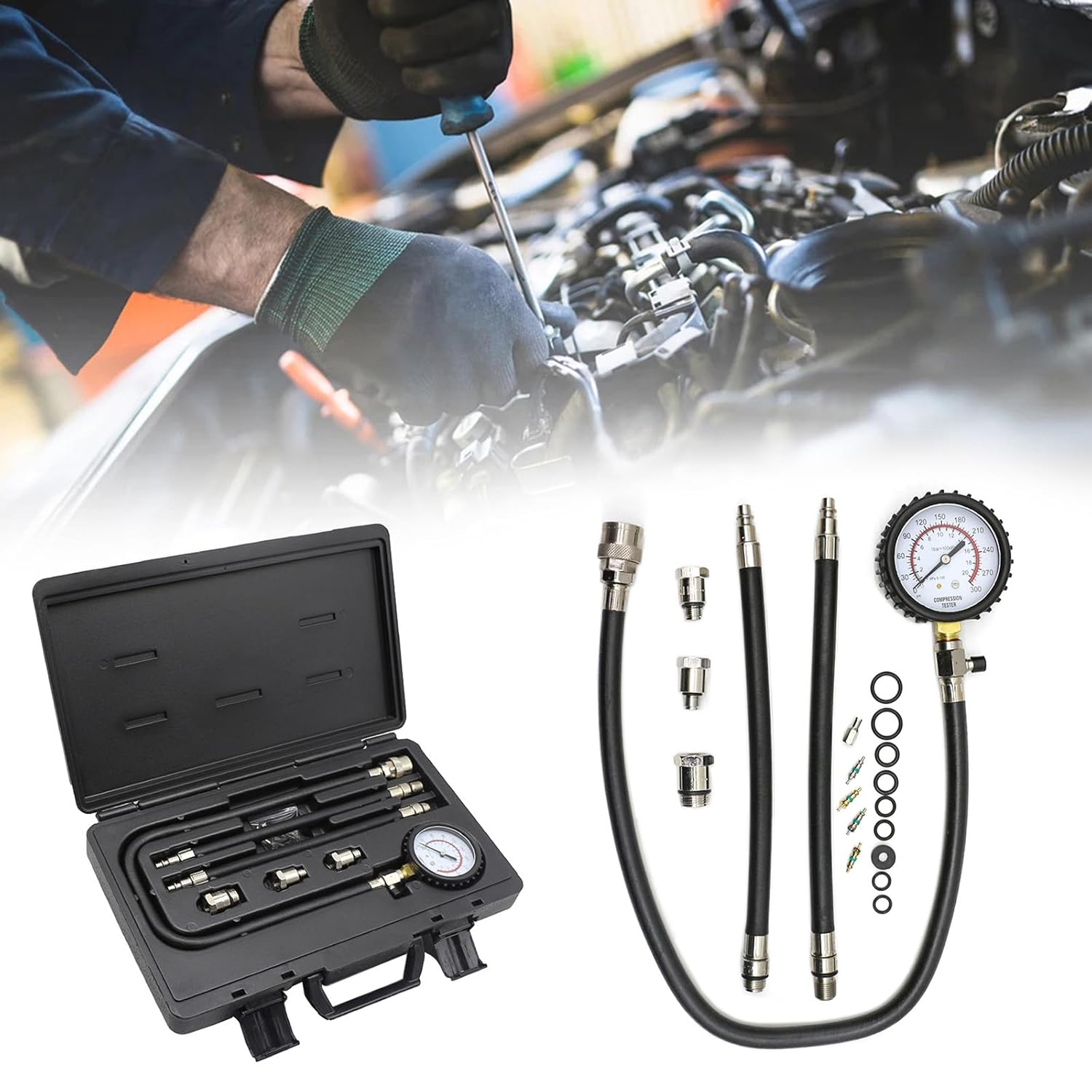 Complete Automotive Cylinder Pressure Testing Set 12mm 14mm 18mm Adapters Double Ranges Pressure Gauge Cylinder Compression Tester Automotive