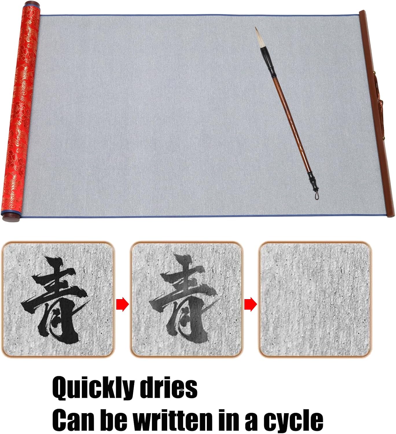 4 Pcs No Ink Chinese Calligraphy Practice Set Reusable Brocade Nonwoven Water Writing/Painting Cloth Scroll with 3 Traditional Calligraphy Writing Brush Pens, Red
