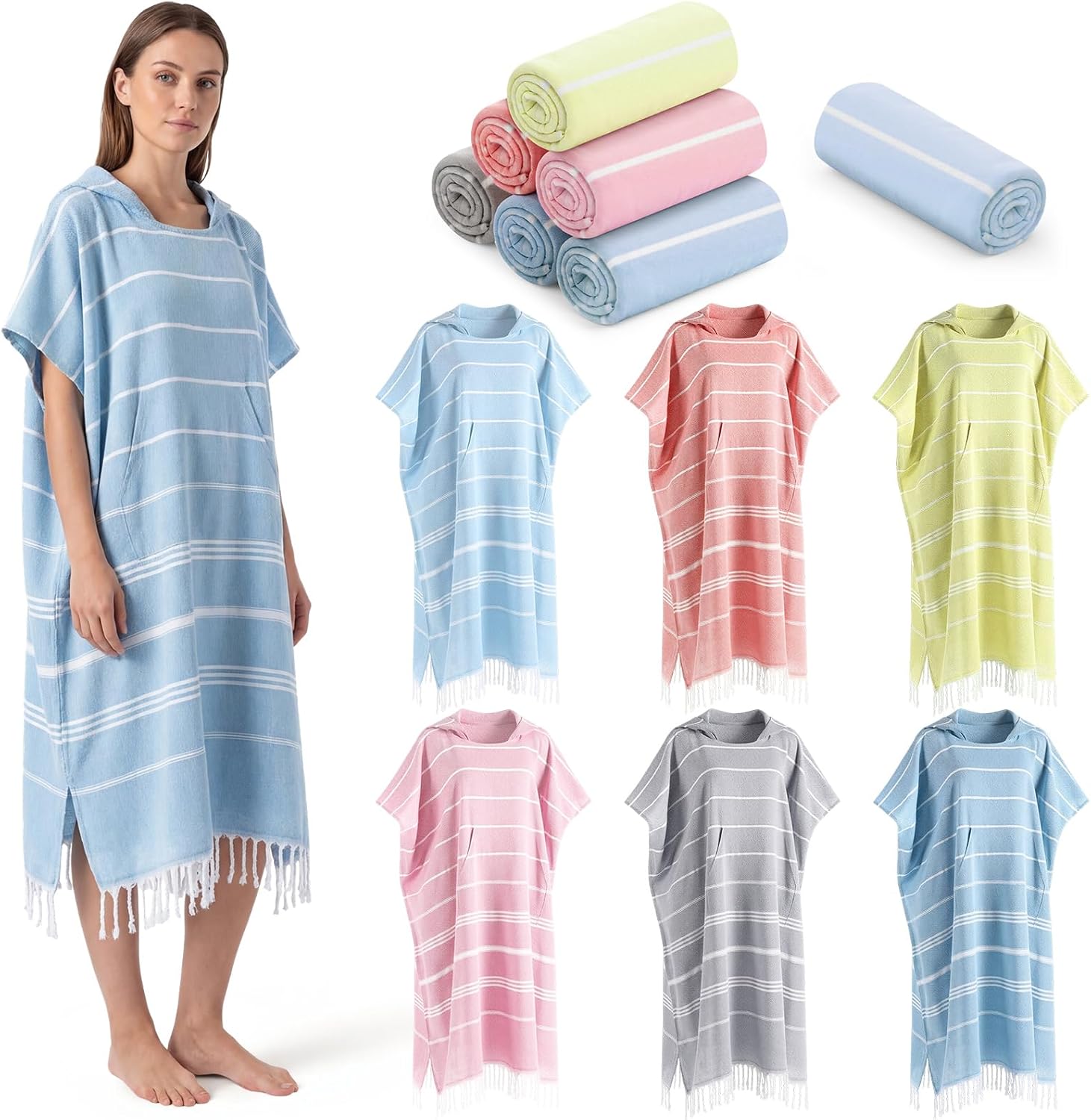 6 Pcs Surf Poncho Hoodie Beach Towel Bulk Colorful Oversized Changing Towel Robe with Pocket Quick Dry Terry Cloth Wearable Swim Robe for Women Men Travel Summer Party Vacation Pool Bath