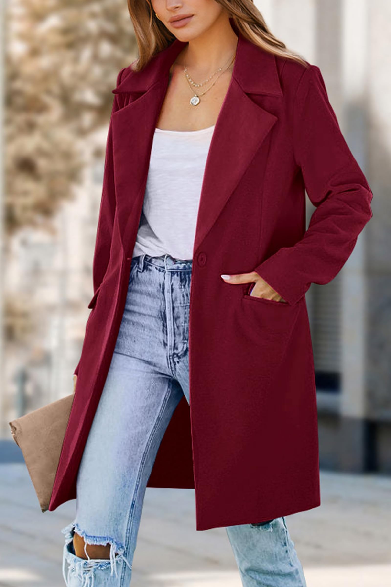 PRETTYGARDEN Women's Business Casual Long Blazer Jackets(Wine Red,S) view 6
