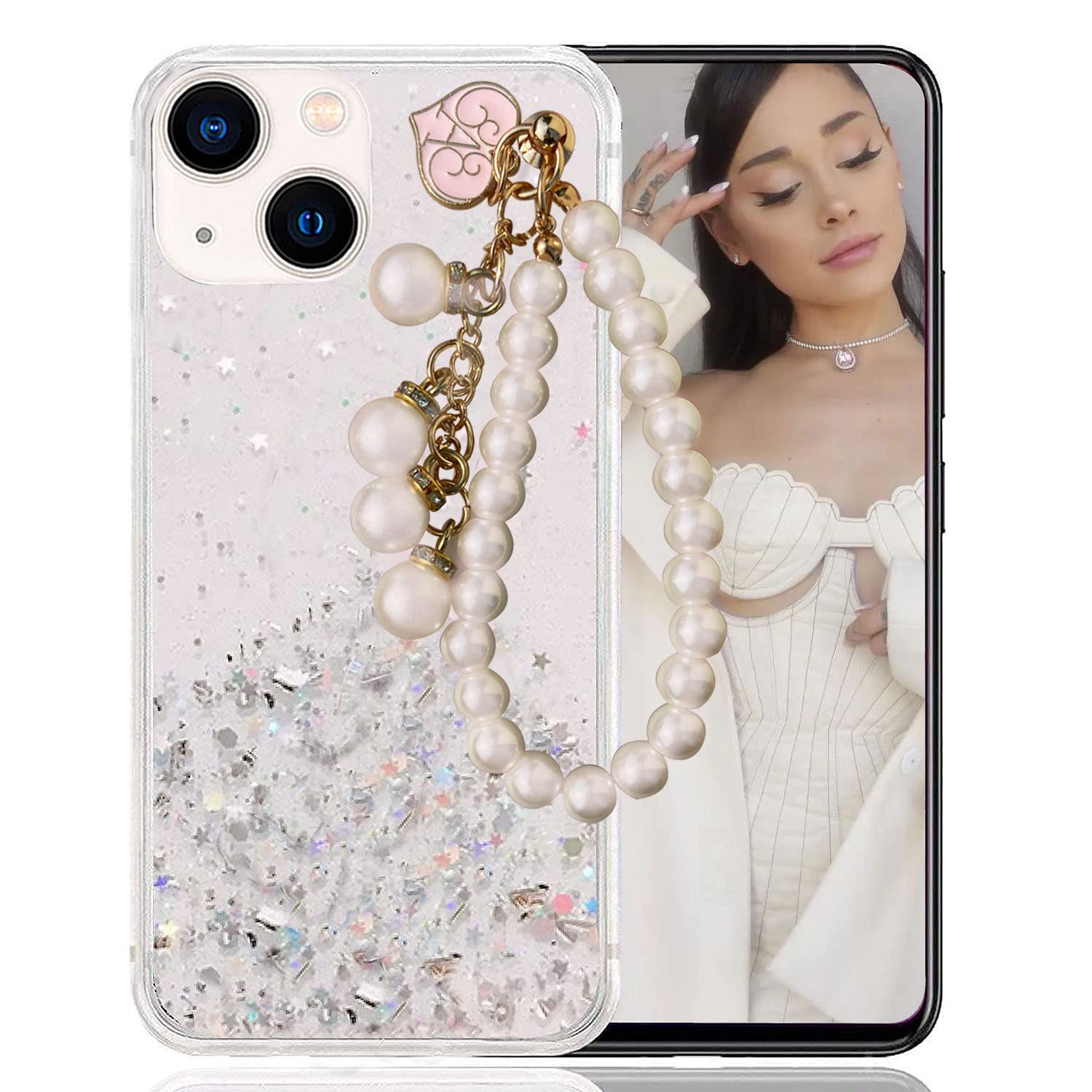 KC Back Cover for Apple iPhone 13, Non Moving Dry Fixed Glitter Luxury Shiny Pearls Wrist Hanging Chain Soft Silicone Case (Transparent) (B09LQBWYRL) Amazon Price History, Amazon Price Tracker