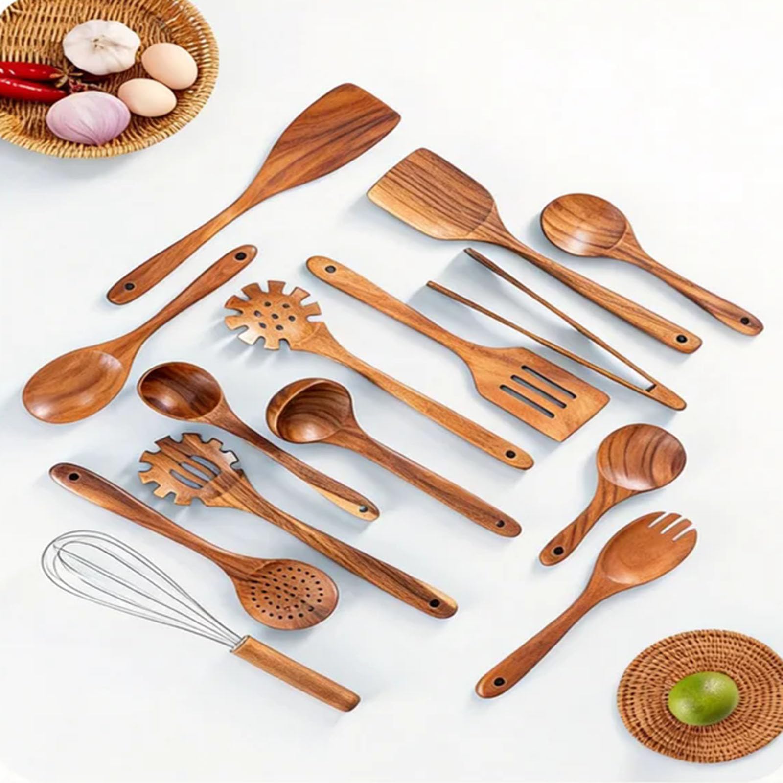 Juego Utensilios Madera Cucharas Madera Cocinar Set Utensilios Antiadherentes Y Sin Enganches Utensilios Servir Decoración Encimera Cocina Un Imprescindible para Lista Bodas Set 12 Piezas