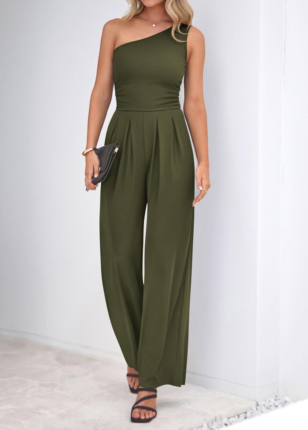 KIRUNDO One Piece Jumpsuits For Women Dressy 2026 Sleeveless One Shoulder Ribbed Wide Leg Rompers With Pockets Summer Outfits - Image 4