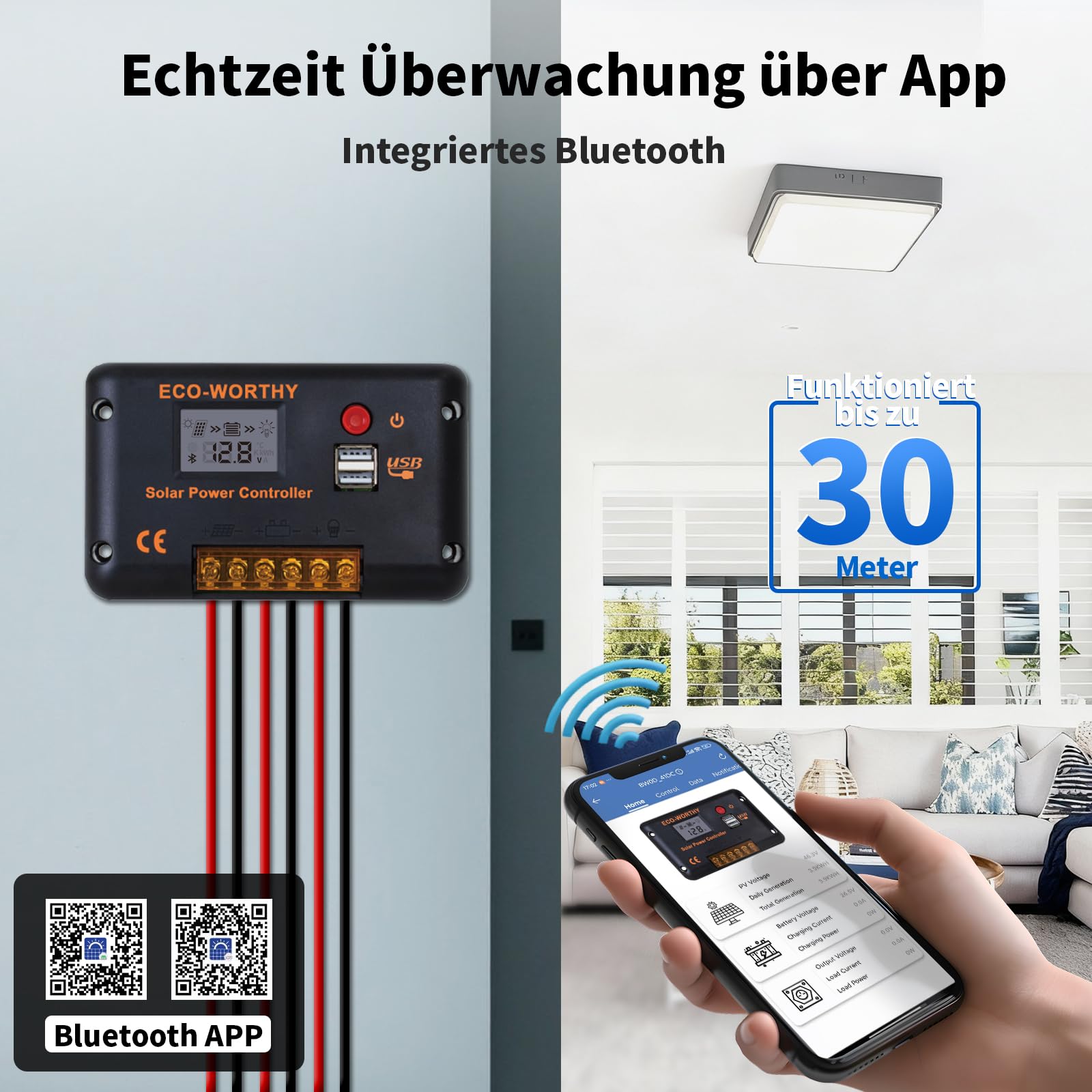 ECO-WORTHY 30A laderegler solar 12v /24v PWM mit Bluetooth & APP Überwachung, Intelligenter Batterie Controller für Solarpanel mit 2 USB-Anschlüssen für AGM/LiFePO4/GEL im Wohnmobil Solar System