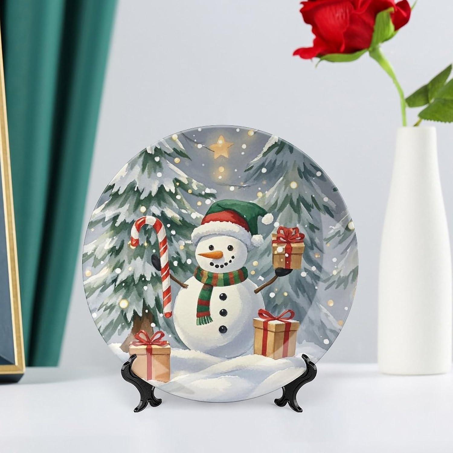 Snowman Giving Gifts Bone China Decorative Plate with Display Stand, Ceramic Ornaments Plate for Wall Hanging, Personalized Porcelain Plates for Office, Living Room 8inch