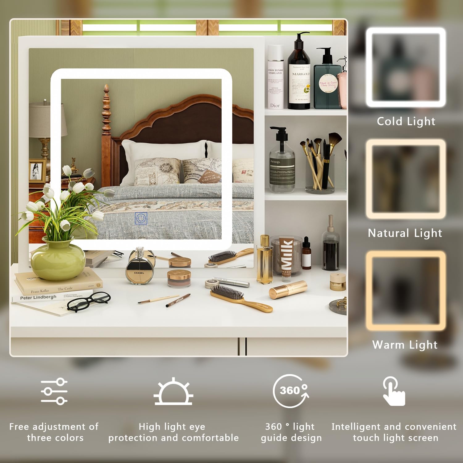 Large Vanity Table Set Makeup Vanity Dressing Table with Mirror, 5 Drawers & Shelves, Dresser Desk and Cushioned Stool Set (White Slidding Lighted Mirror-A)