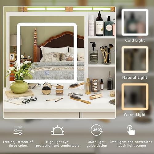 Miniatura 2 de AGOTENI Juego de tocador grande con espejo, 5 cajones y estantes, tocador y taburete acolchado (espejo iluminado deslizante blanco)