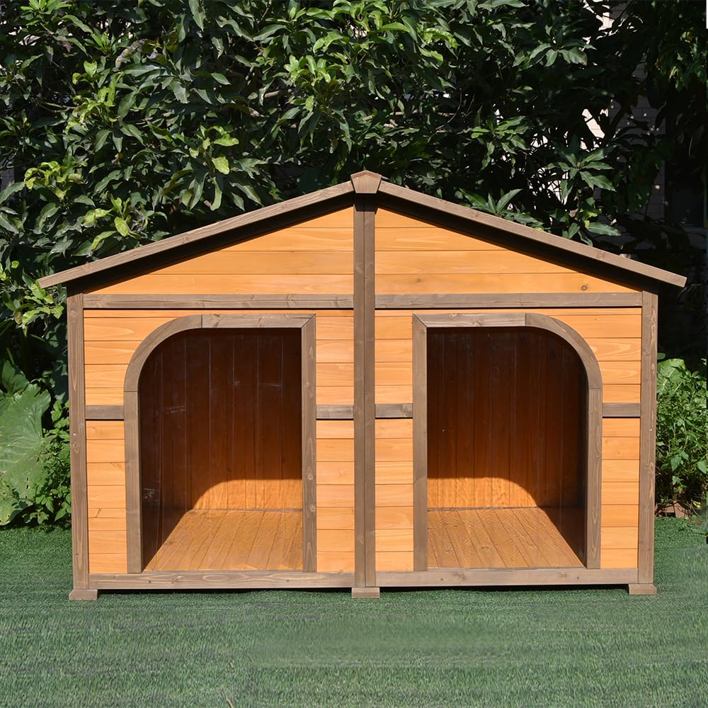 Animal Valley - Caseta para Perro Doble con Techo Shingle Negro - Madera y Shingle - 185 x 106 x 120 cm - Tamaño XXL - Beige y Marrón - para Perros Grandes