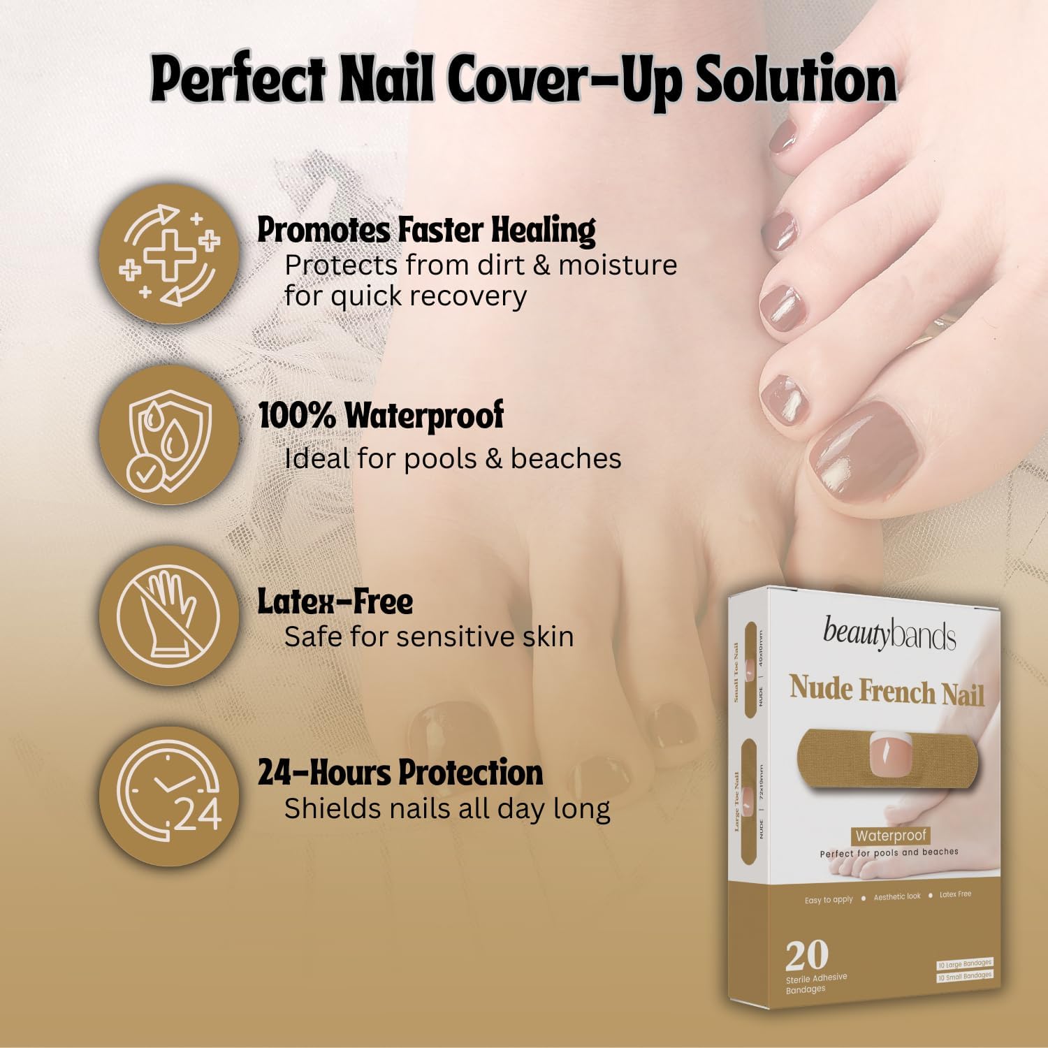 Toe Nail Cover Up Bandages for Unsightly, Broken or Cracked Toenails | Waterproof & Sterile Fake Nail Protector (Nude French)