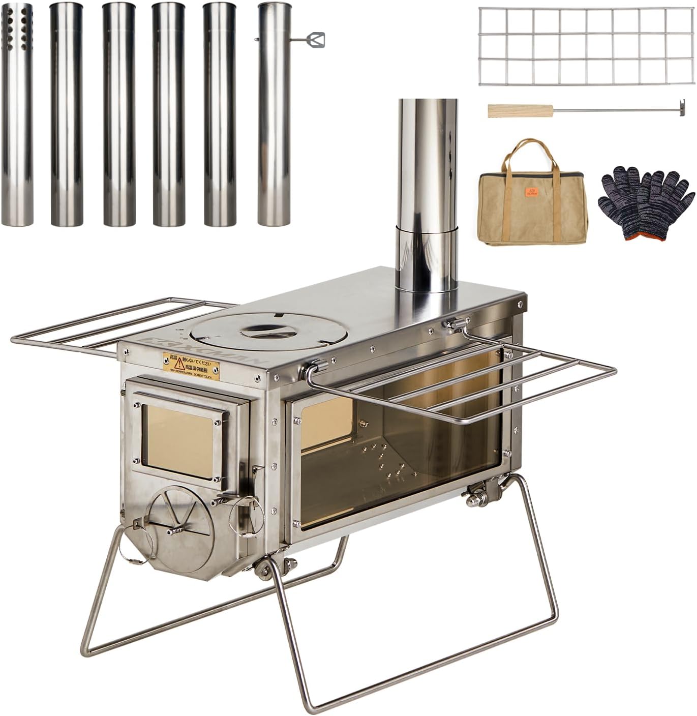 XCMAN Camping Tent Wood Stove with 6 Section Chimney Pipes,Three-View Windows Portable Wood Stove, Ice Fishing Shelters, Hunting, Outdoor Cooking Heavy Gauge 304 Stainless Steel