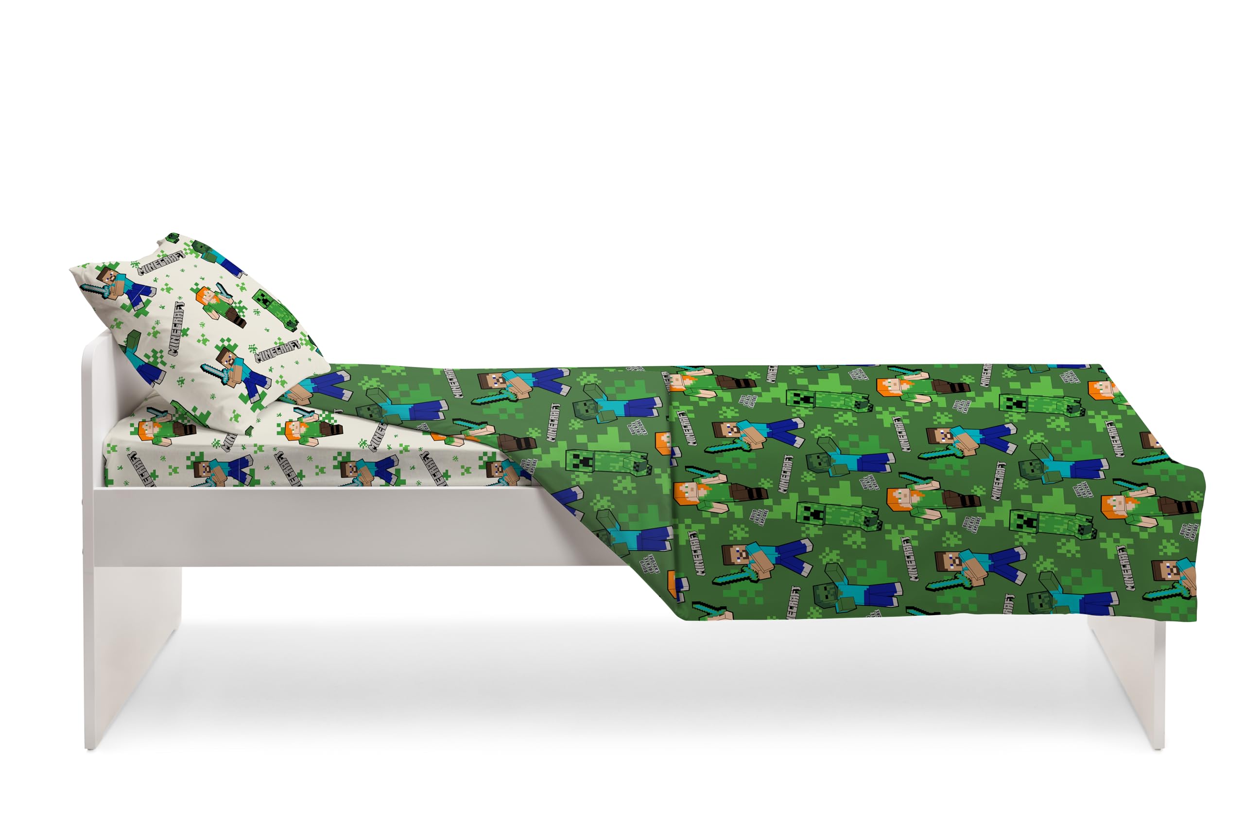 Minecraft - Juego de sábanas para Cama Individual, sábana encimera, sábana Bajera Ajustable, Funda de Almohada, Verde, 100% algodón, Producto Oficial