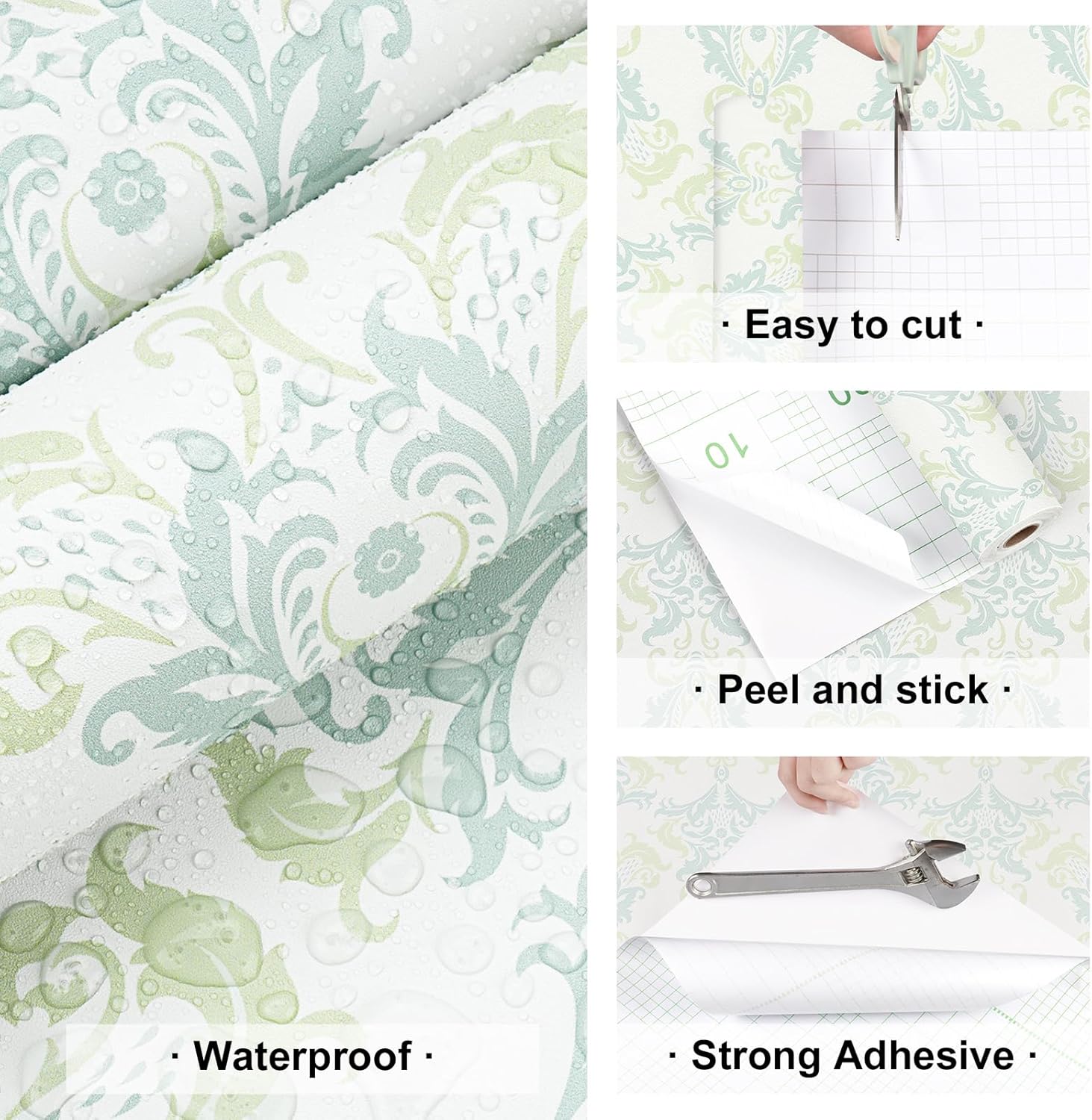 Damask Floral Peel and Stick Wallpaper Green and Blue Paisley Damask Wallpaper Boho Floral Contact Paper Removable Self Adhesive Wall Paper Decorative for Bedroom Cabinets DIY Vinyl 17.5"×118"