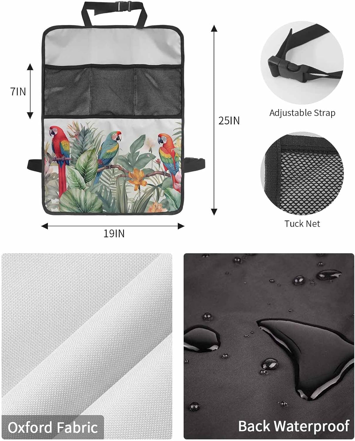 Car Seat Protector, 2 Pack Kick Mats with Organizer - 3 Pocket Storage, Summer Tropical Palm Tree with Parrot White Texture Back Seat Cover for Kids Universal Fit Automotive Interior Protectors