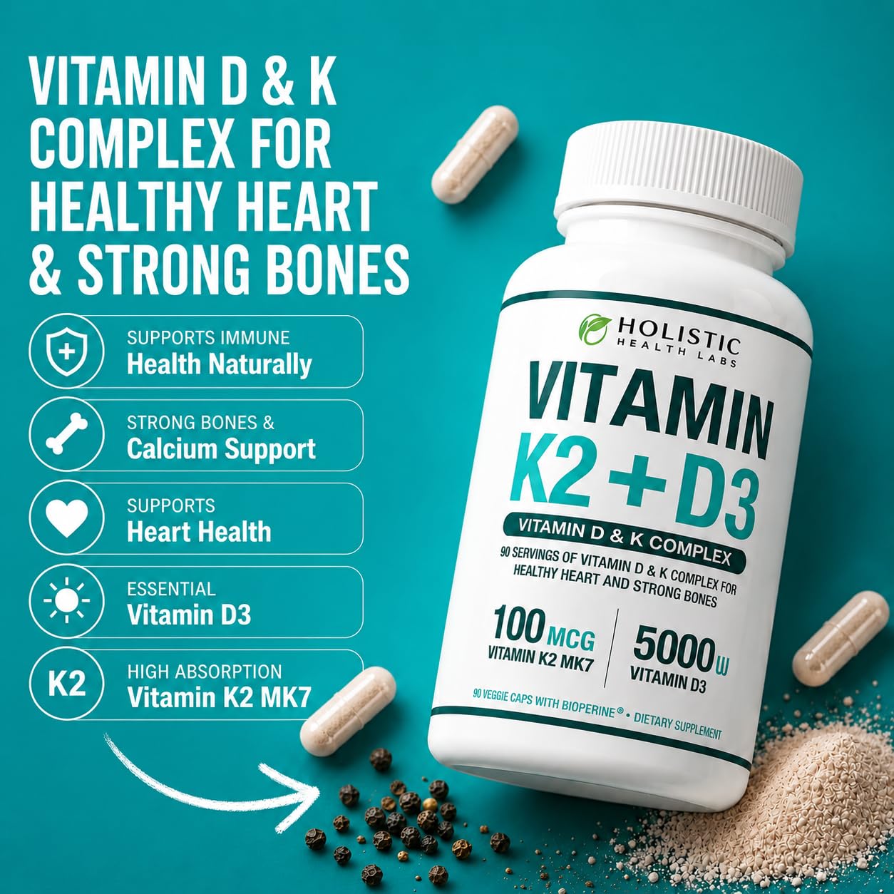 Max Absorption Vitamin K2 + D3 (5000IU) 90 Veggie Capsules From MK-7 (Menaquinone-7) and Cholecalciferol (With BioPerine) 3-Months Supply – D3 with K2 For Healthy Heart and Strong Bones | Non-GMO — Amazon image 4