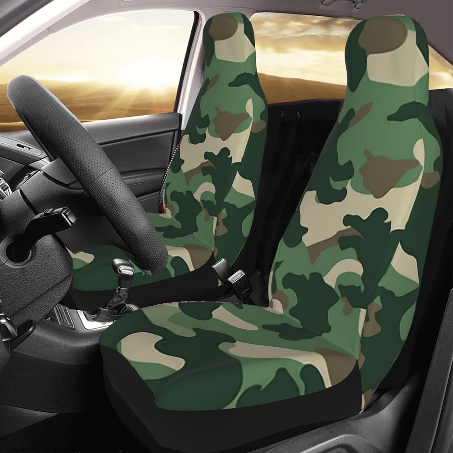 Camouflage Green Car Seat Covers Set 2 Pieces Universal Seat Covers for Cars Front Seats Protector Elastic Bucket Auto Seat Cushion Covers Funny Car Interior Covers