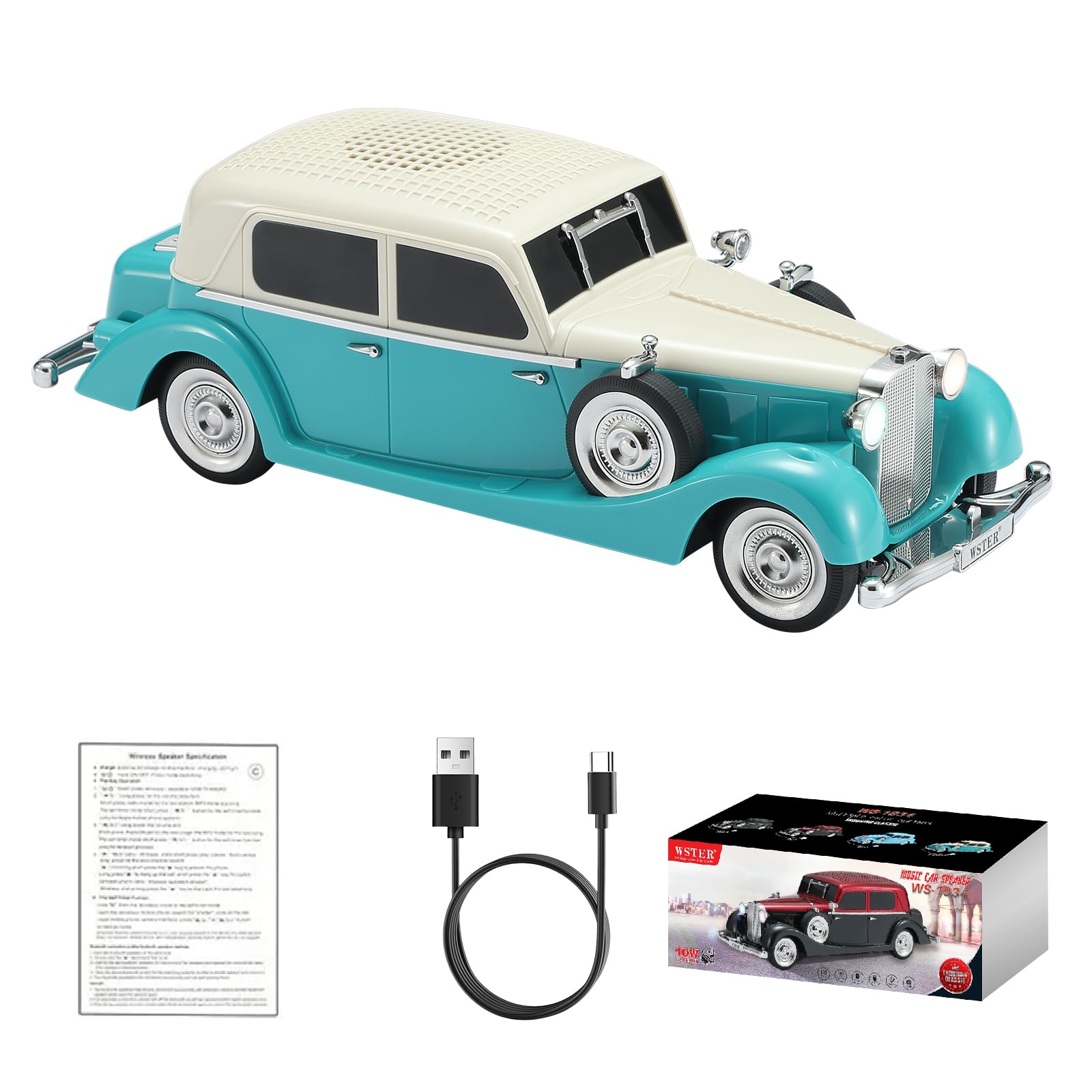 WSTER WS-1934 Retro Classic Car Bluetooth Speaker in green and cream
