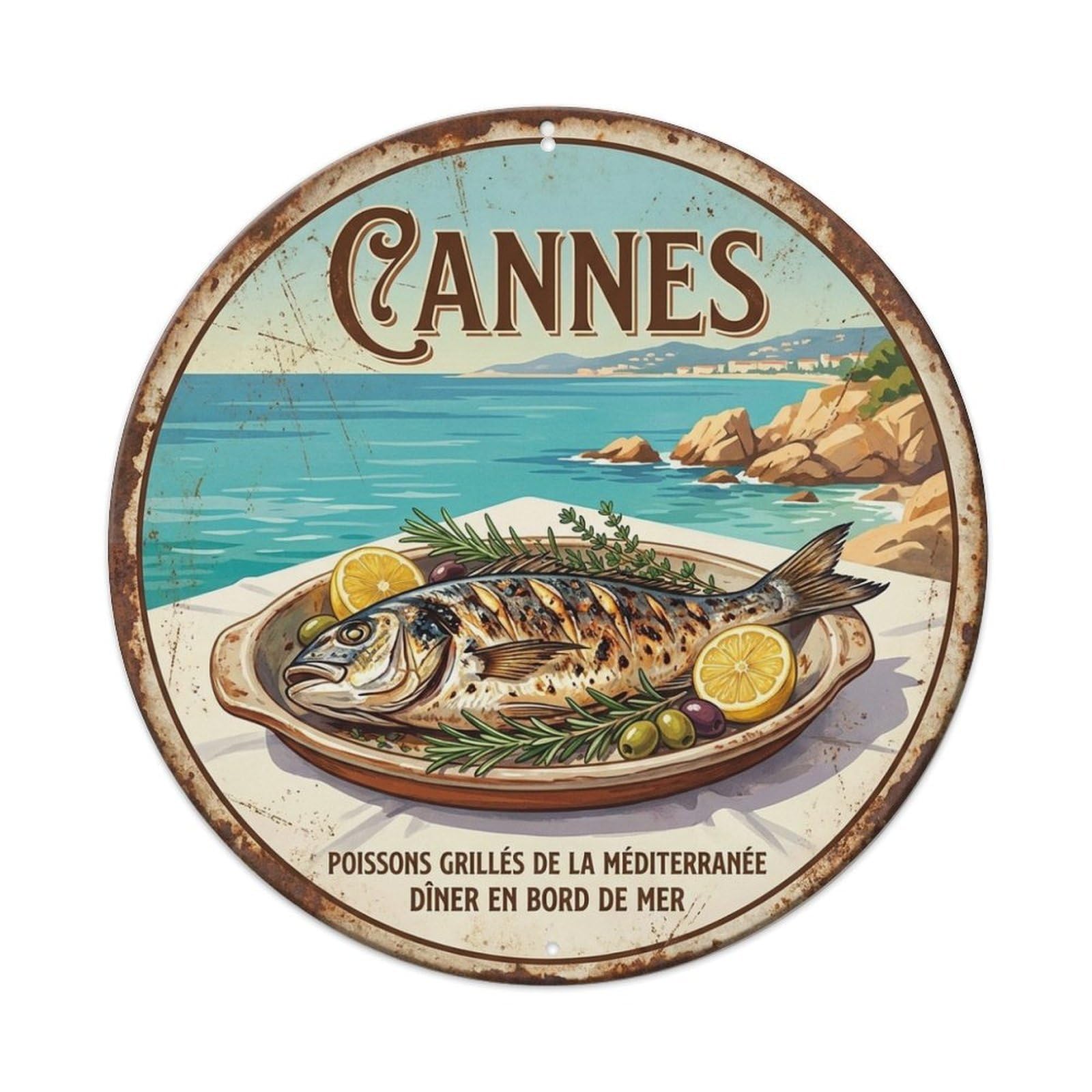 Cannes Grilled Fish Cuisine Travel Vintage Metal Tin Sign