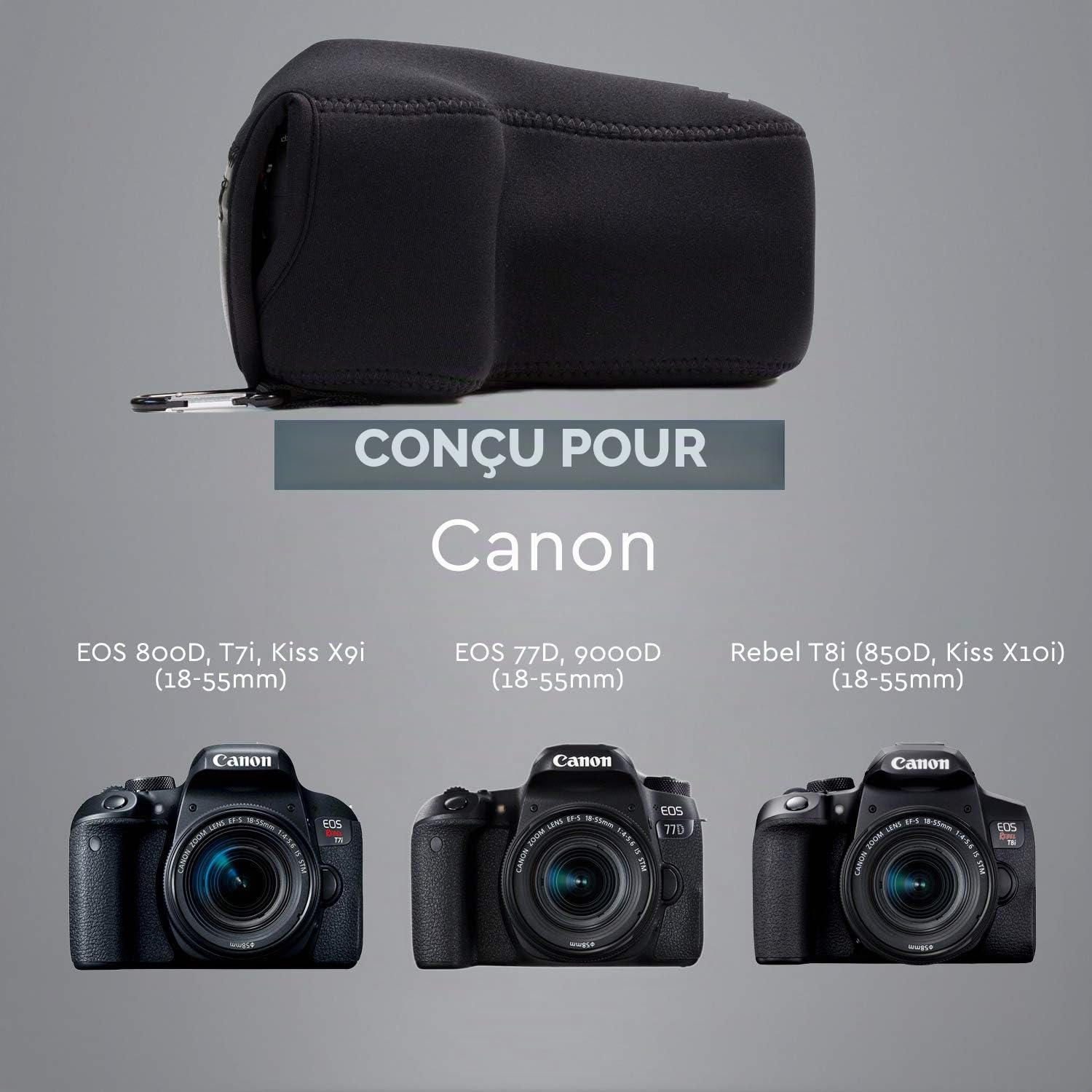 MegaGear Ultra Light Étui en Néoprène compatible avec Canon EOS 850D, 250D, 200D, 800D (18-135 mm), 77D, 9000D, 750D Noir MG1194