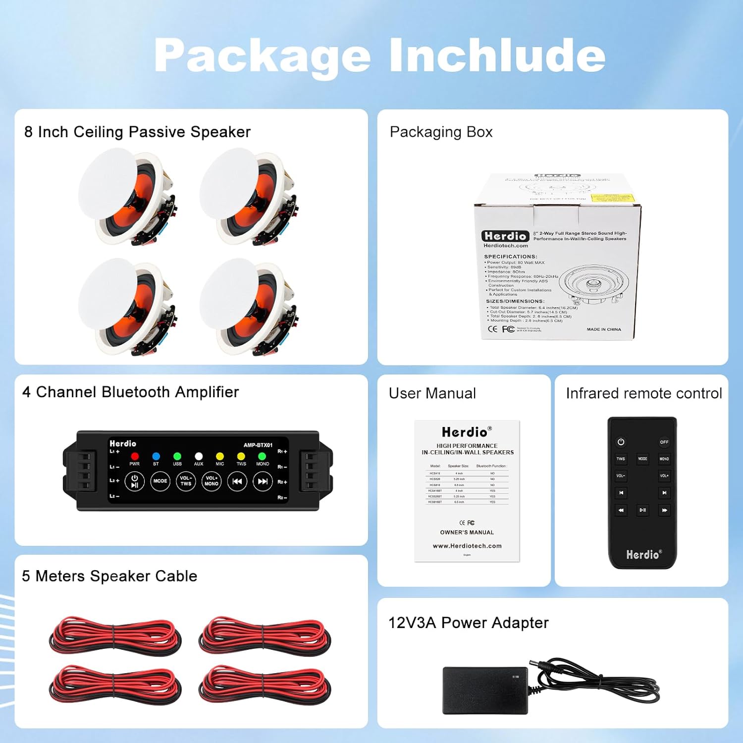 Herdio 8 Inch 800 Watts High Power Bluetooth Ceiling Speakers - 4 Recessed Speakers, Crisp Surround Sound for Home Theater, Bedroom, Kitchen, Office & Covered Patio(2 Paris) - Image 8