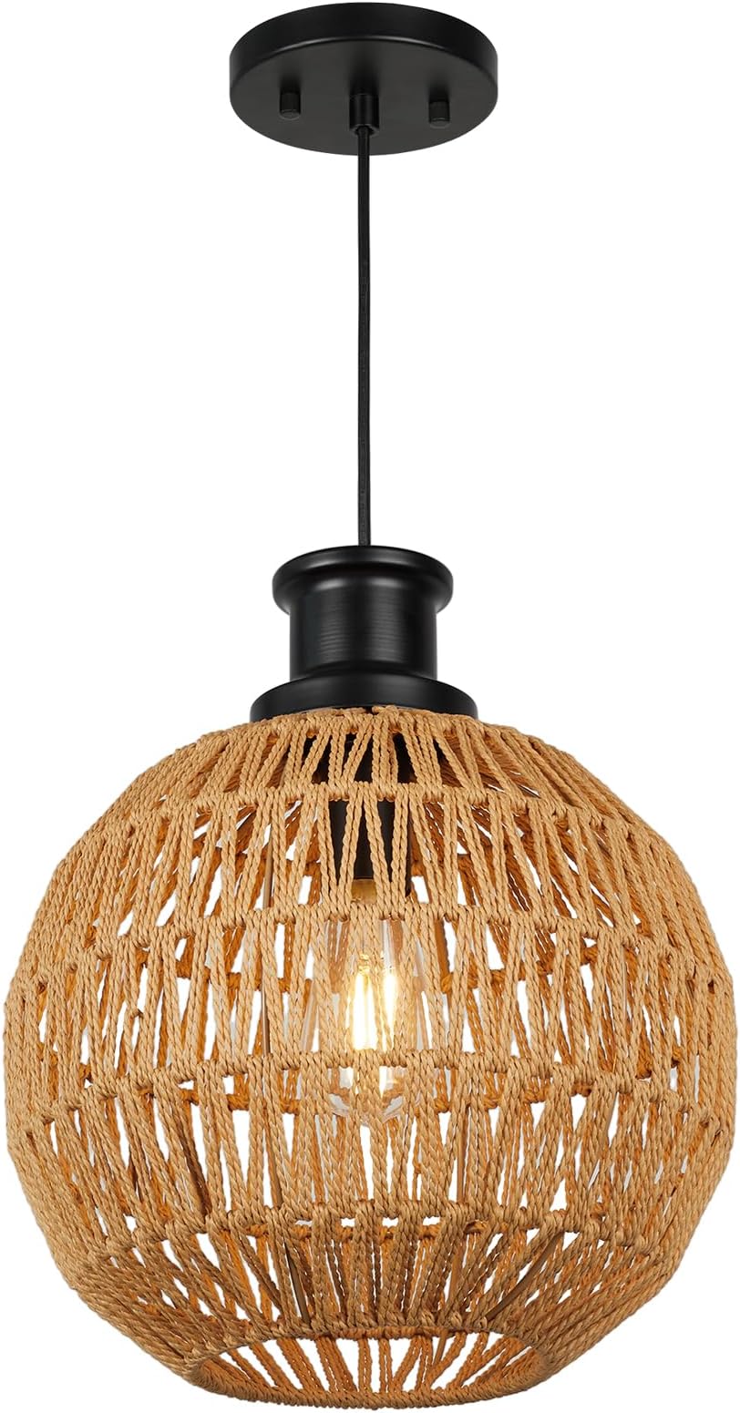 Farmhouse Rattan Pendant Lights, 12" Boho Chandelier Light Fixture, Wicker Hand Woven Bohemian Rope Hanging Light for Dining Room Living Room Kitchen Island Bedroom Foyer, Height Adjustable