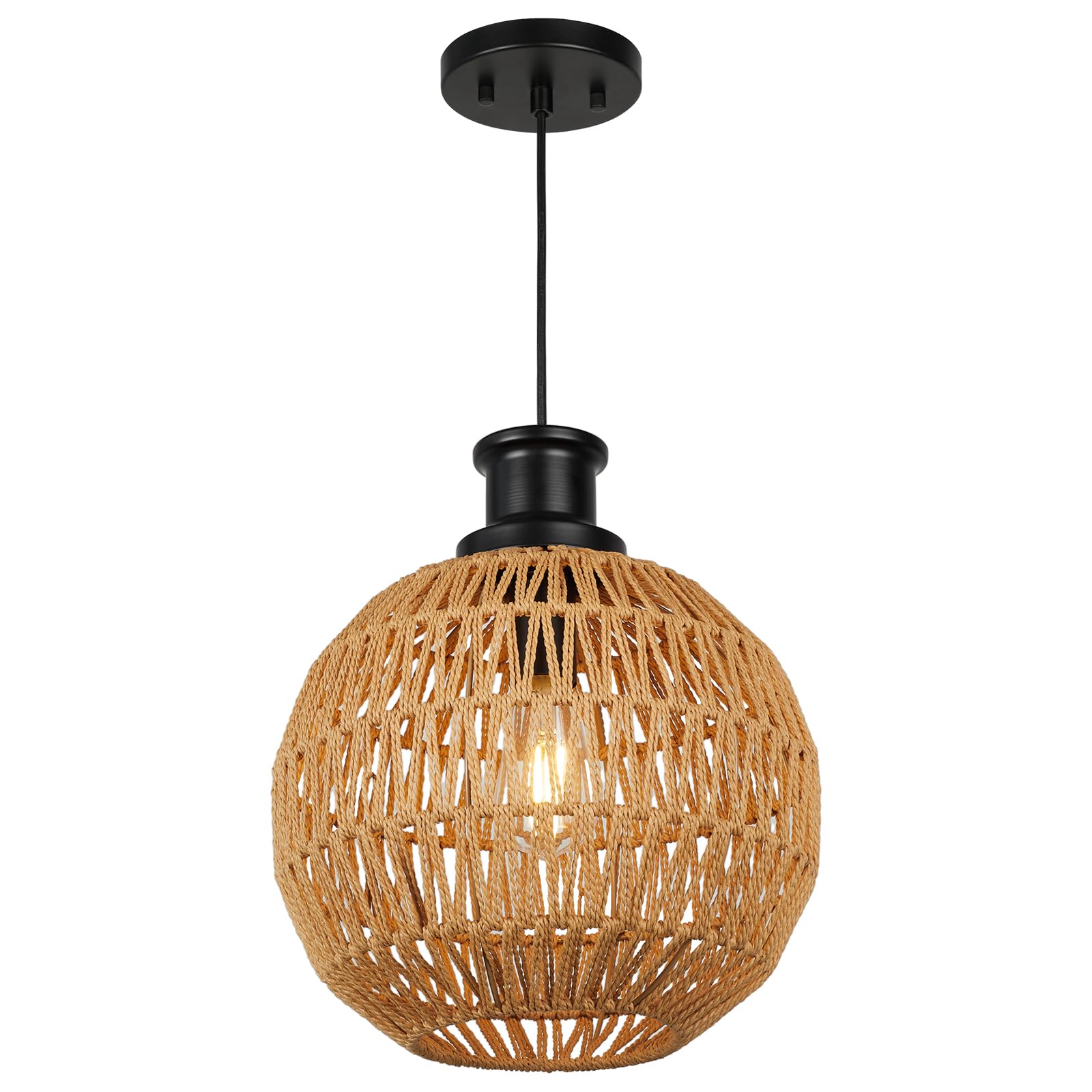 Farmhouse Rattan Pendant Lights, 12" Boho Chandelier Light Fixture, Wicker Hand Woven Bohemian Rope Hanging Light for Dining Room Living Room Kitchen Island Bedroom Foyer, Height Adjustable
