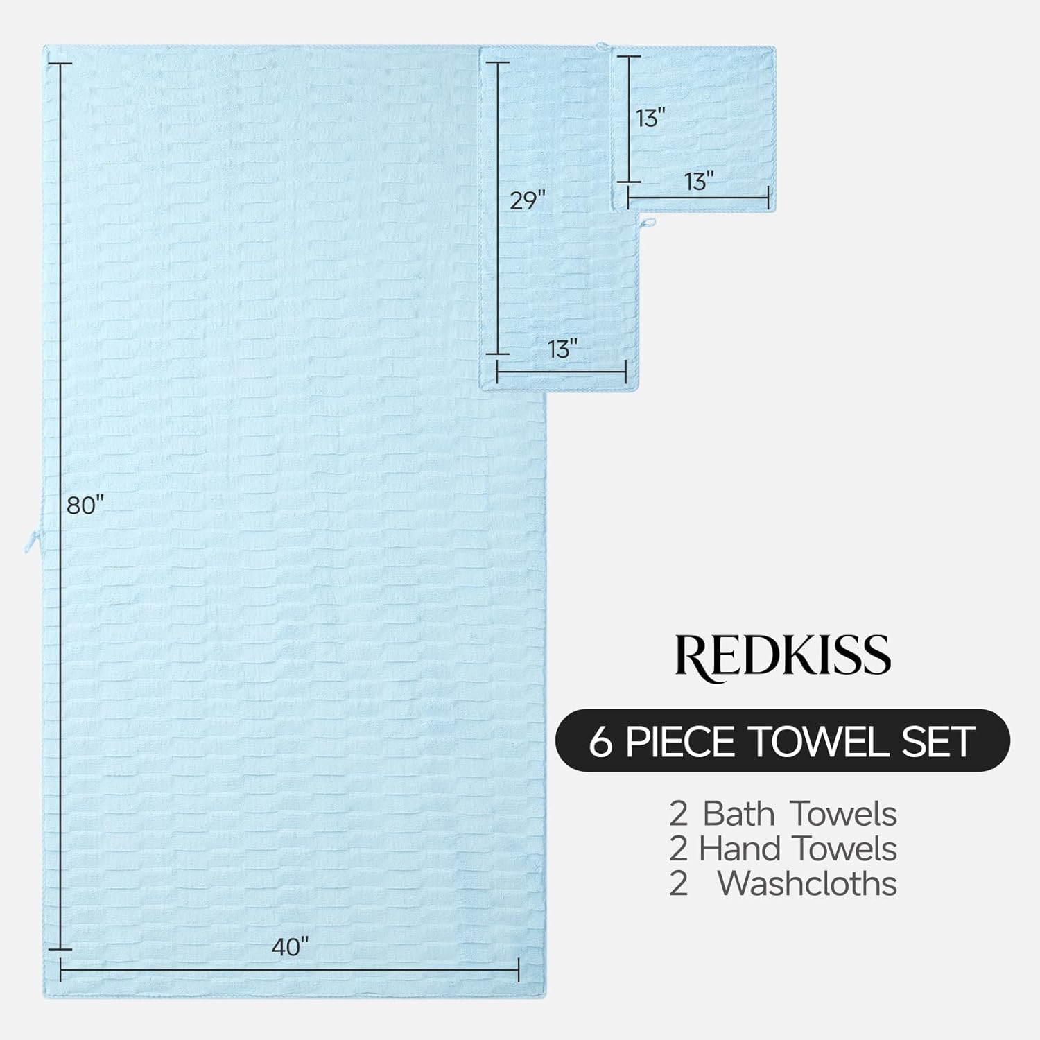 REDKISS 6-Piece Extra Large Bath Towel Set, 670 GSM, 2 Bath Sheets(40"x80"), 2 Hand Towels, 2 Washcloths - Ultra Absorbent, Quick-Dry, Super Soft Bathroom Towels for Hotel, Spa, Gym -Blue